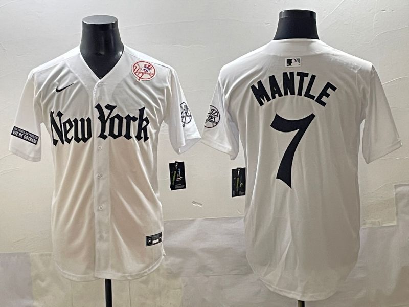 Men 2025 New York Yankees #7 Mantle White Five generations Joint Name Nike MLB Jersey style 13